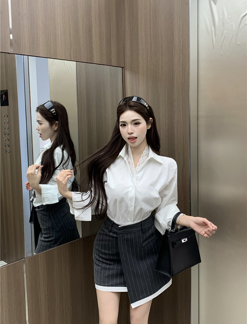 Lace enticement skirt long sleeve shirt 2pcs set for women