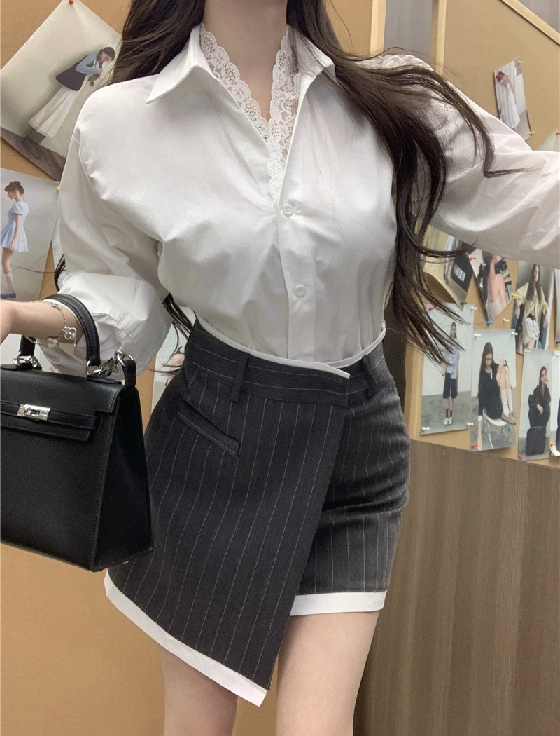 Lace enticement skirt long sleeve shirt 2pcs set for women