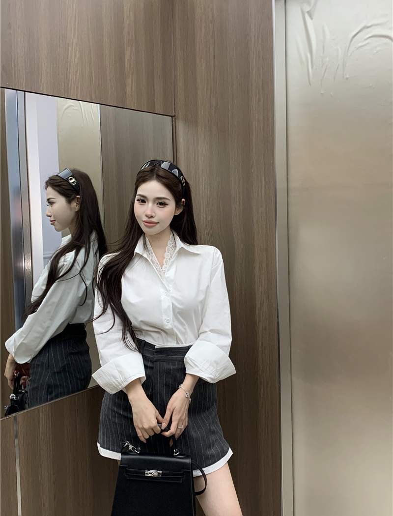 Lace enticement skirt long sleeve shirt 2pcs set for women