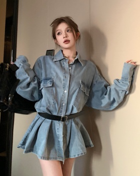 Loose pleated denim dress temperament slim shirt