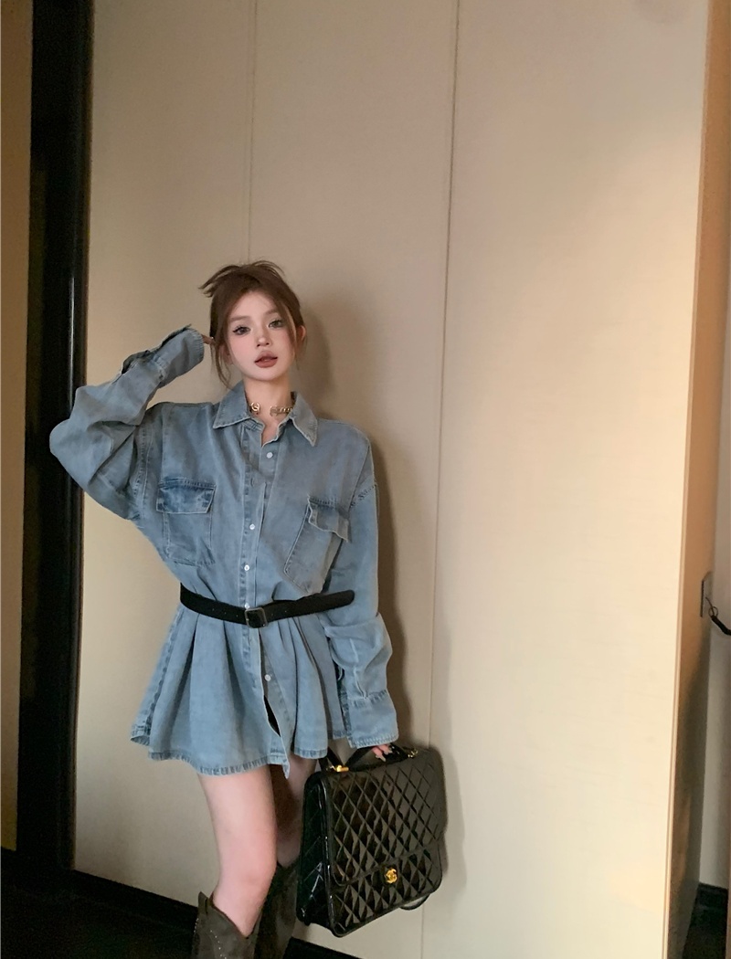 Loose pleated denim dress temperament slim shirt