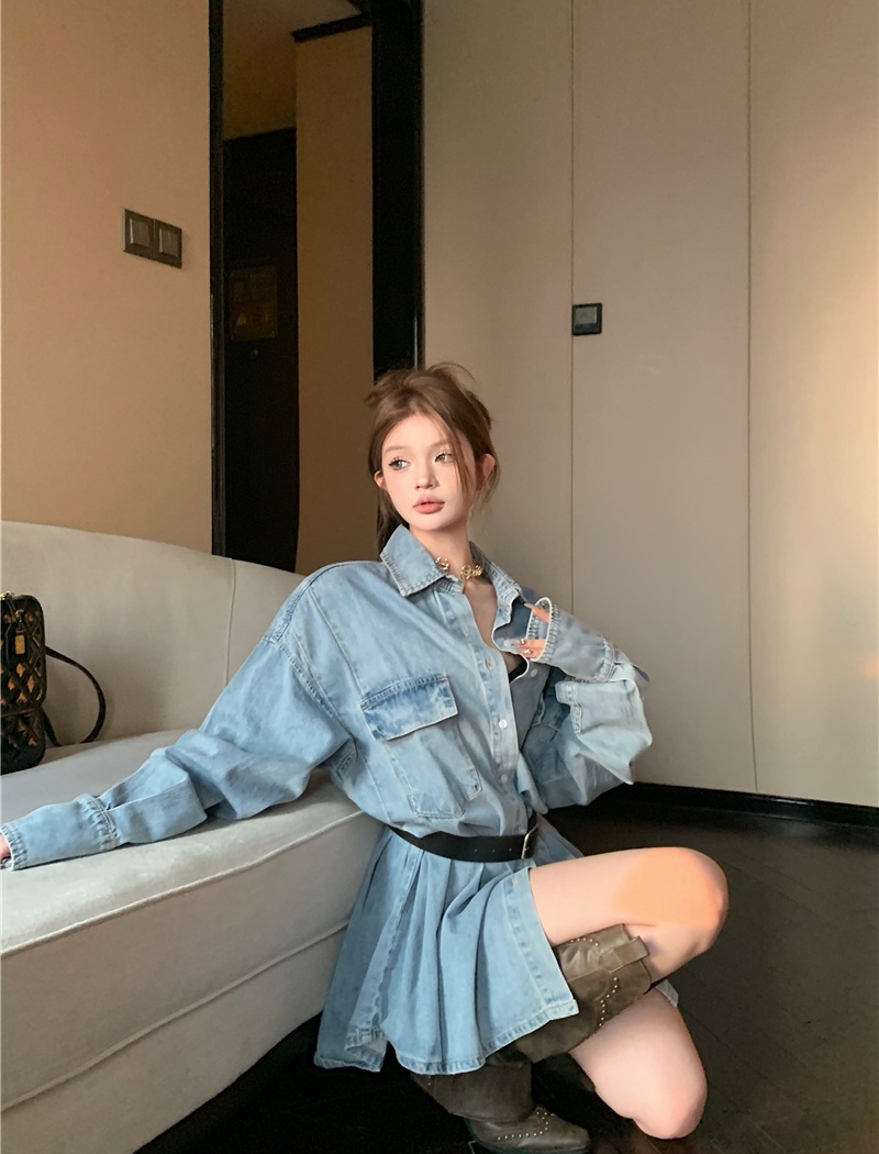 Loose pleated denim dress temperament slim shirt