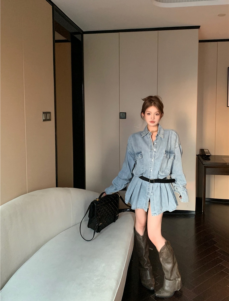 Loose pleated denim dress temperament slim shirt