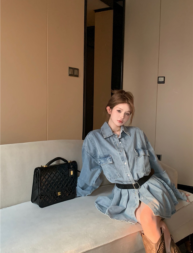 Loose pleated denim dress temperament slim shirt