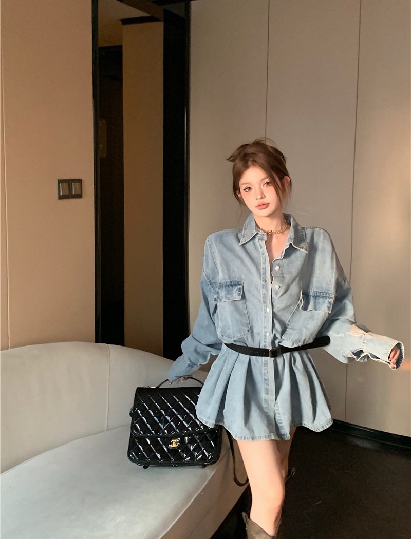 Loose pleated denim dress temperament slim shirt