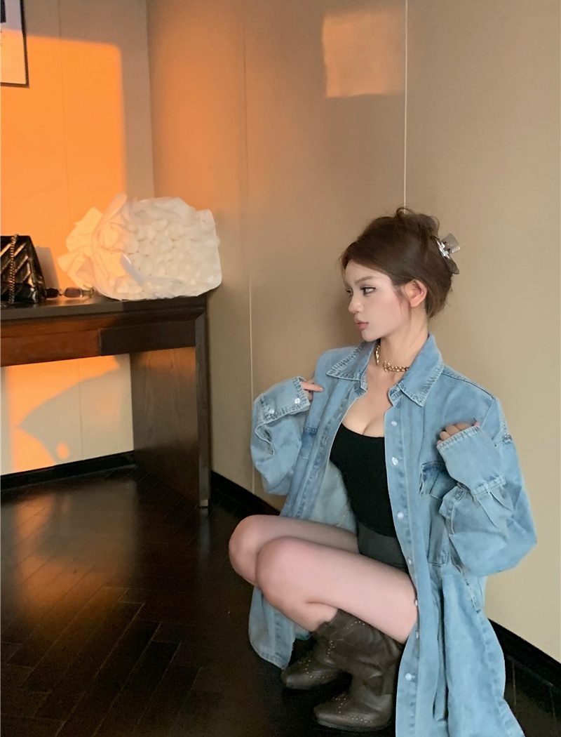 Loose pleated denim dress temperament slim shirt