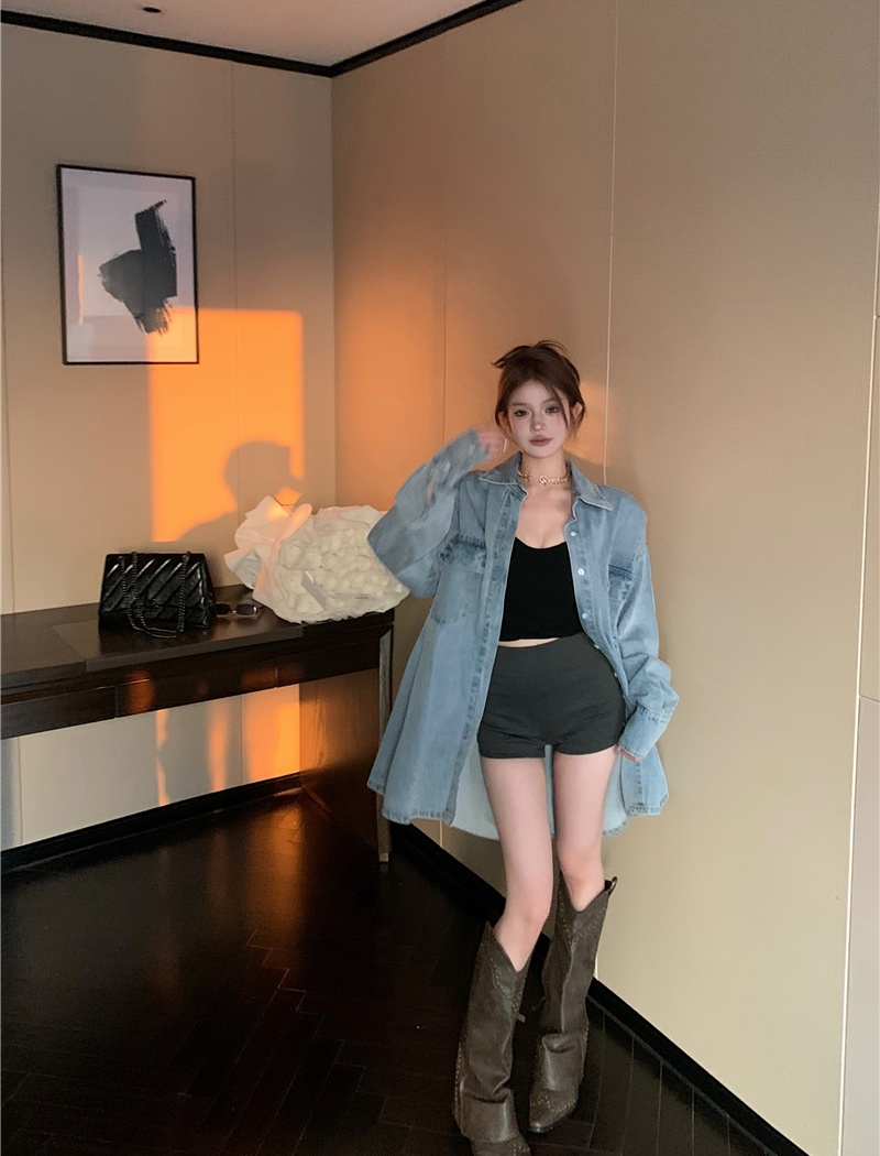 Loose pleated denim dress temperament slim shirt