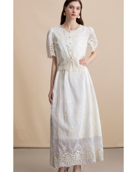 High waist hollow splice skirt lace embroidery vest 2pcs set