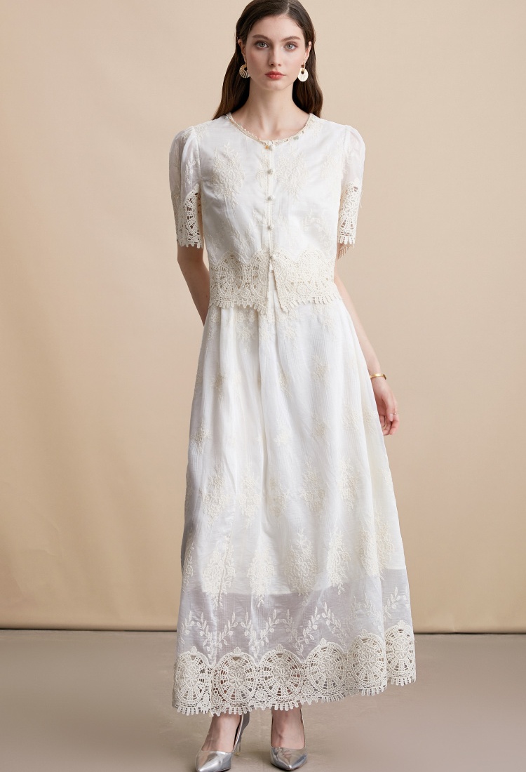 High waist hollow splice skirt lace embroidery vest 2pcs set