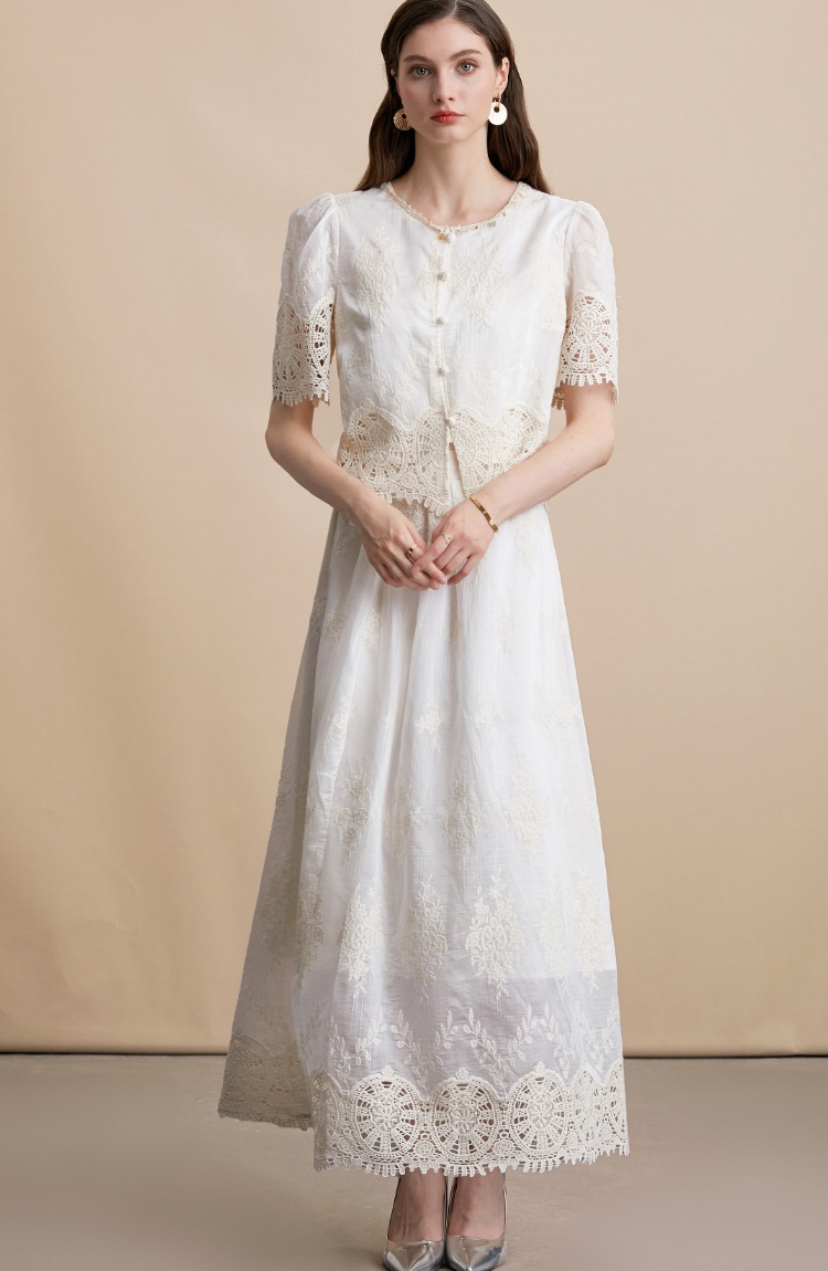High waist hollow splice skirt lace embroidery vest 2pcs set
