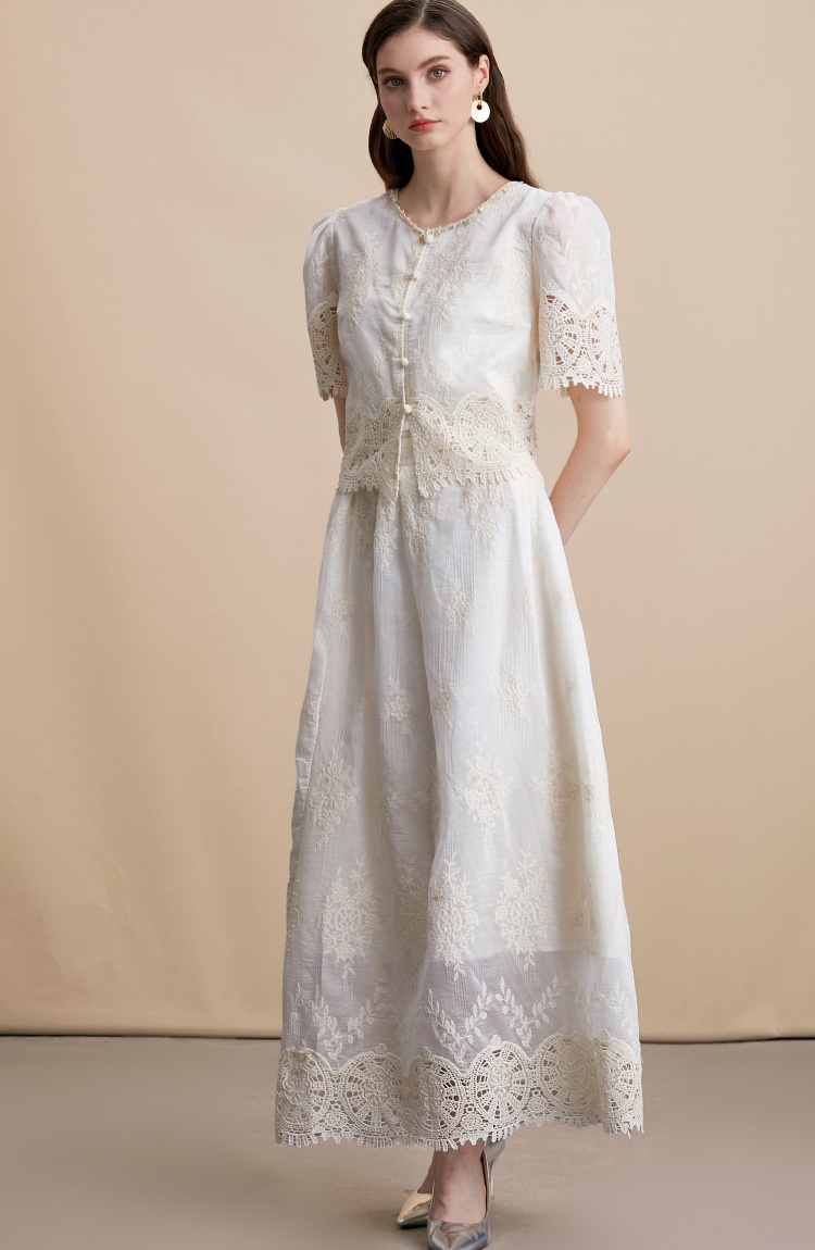 High waist hollow splice skirt lace embroidery vest 2pcs set