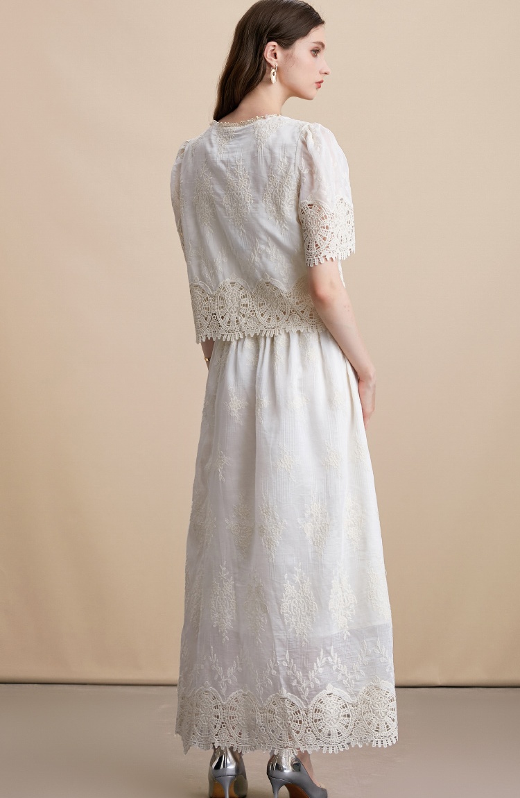 High waist hollow splice skirt lace embroidery vest 2pcs set