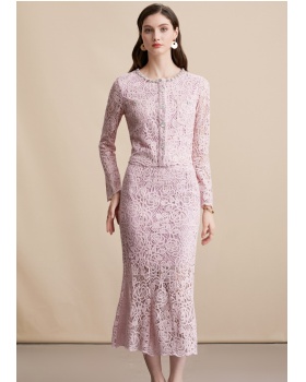 Long sleeve high waist skirt round neck lace tops 2pcs set