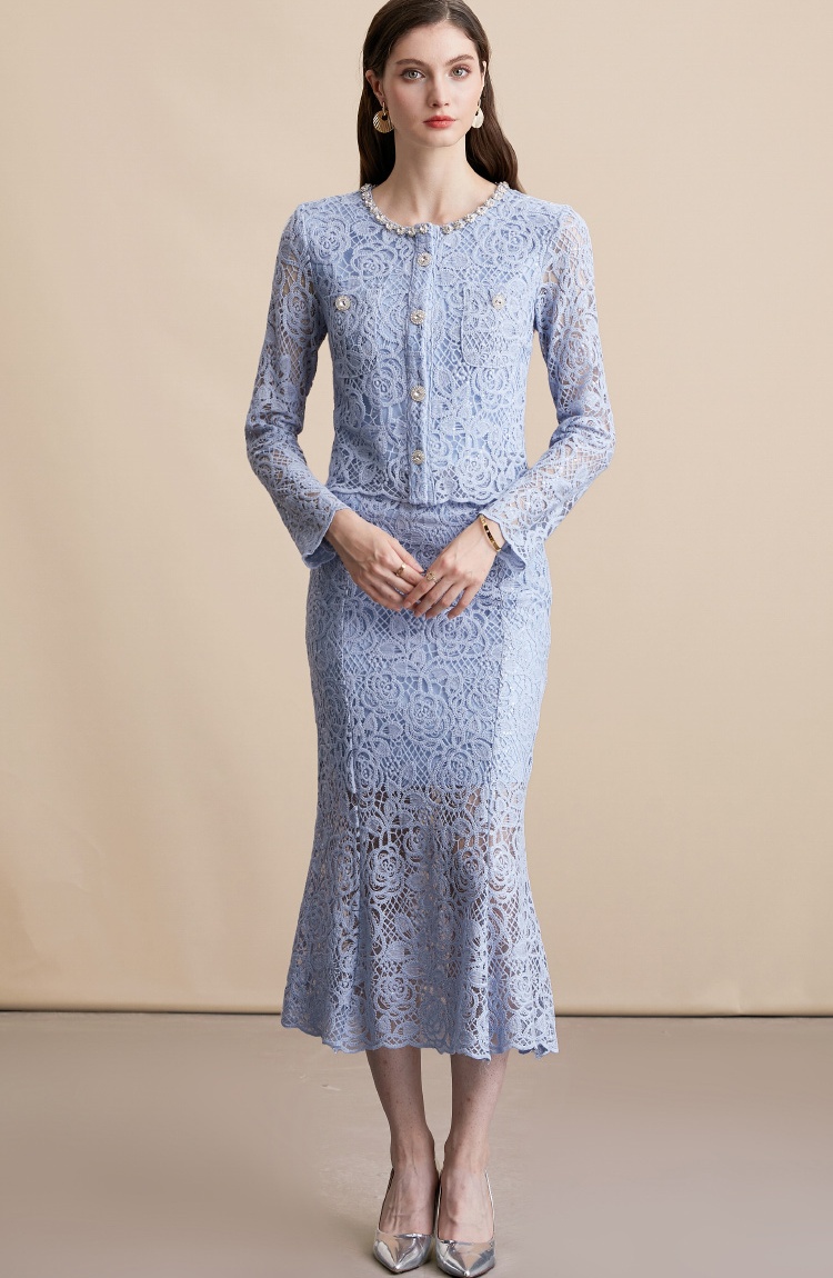 Rhinestone tops long sleeve skirt 2pcs set