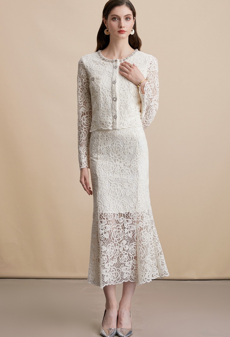 Crochet long sleeve tops France style skirt 2pcs set