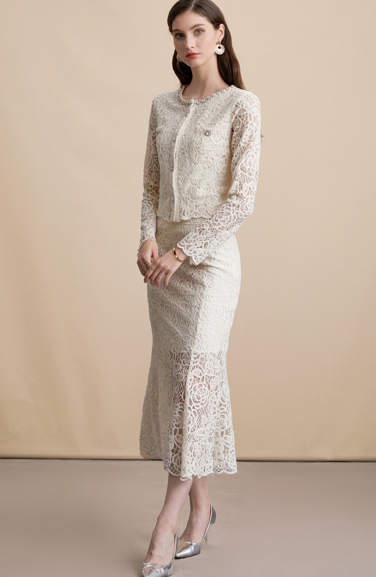 Crochet long sleeve tops France style skirt 2pcs set