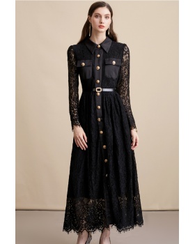 With belt elegant long dress pinched waist dress for women