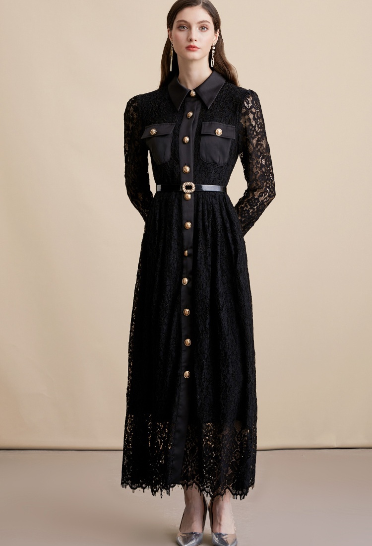 With belt elegant long dress pinched waist dress for women
