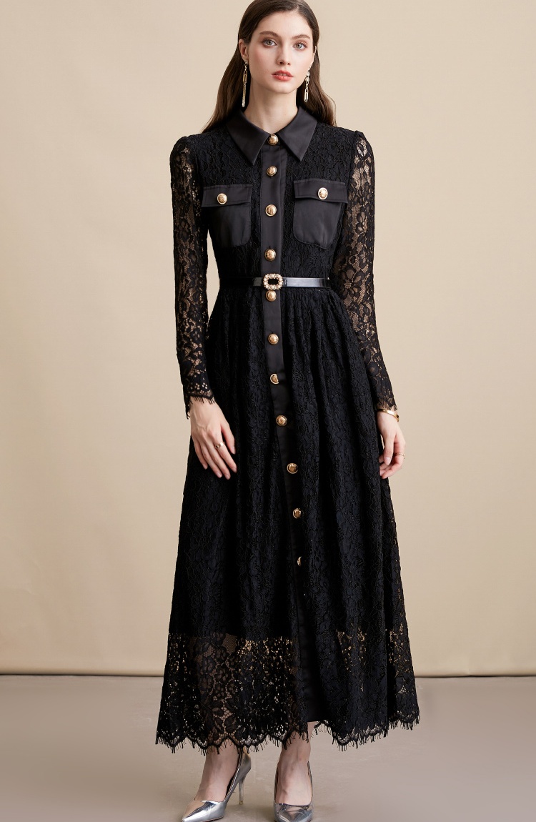With belt elegant long dress pinched waist dress for women
