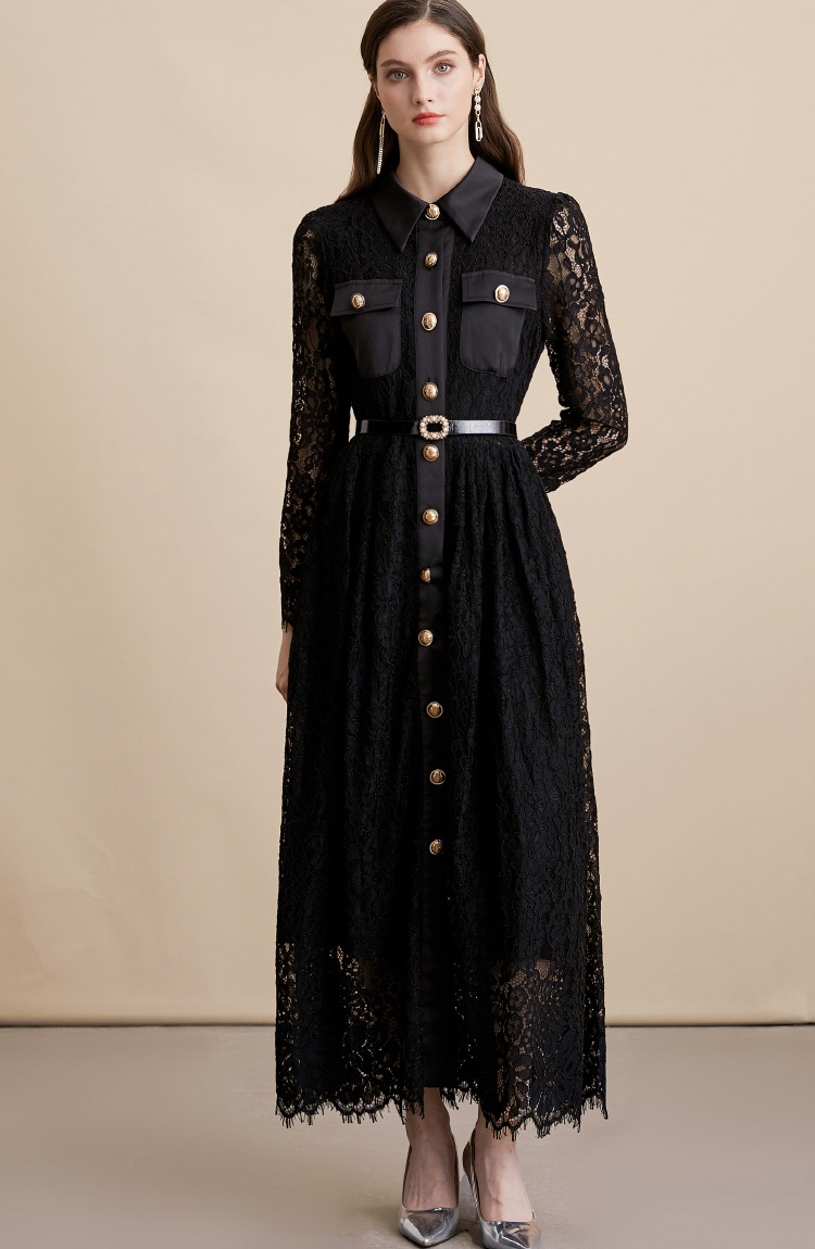 With belt elegant long dress pinched waist dress for women