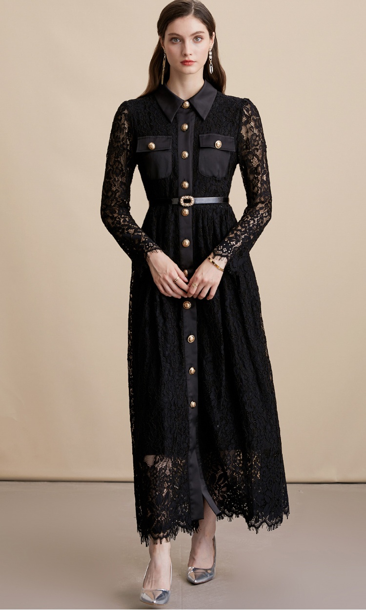 With belt elegant long dress pinched waist dress for women
