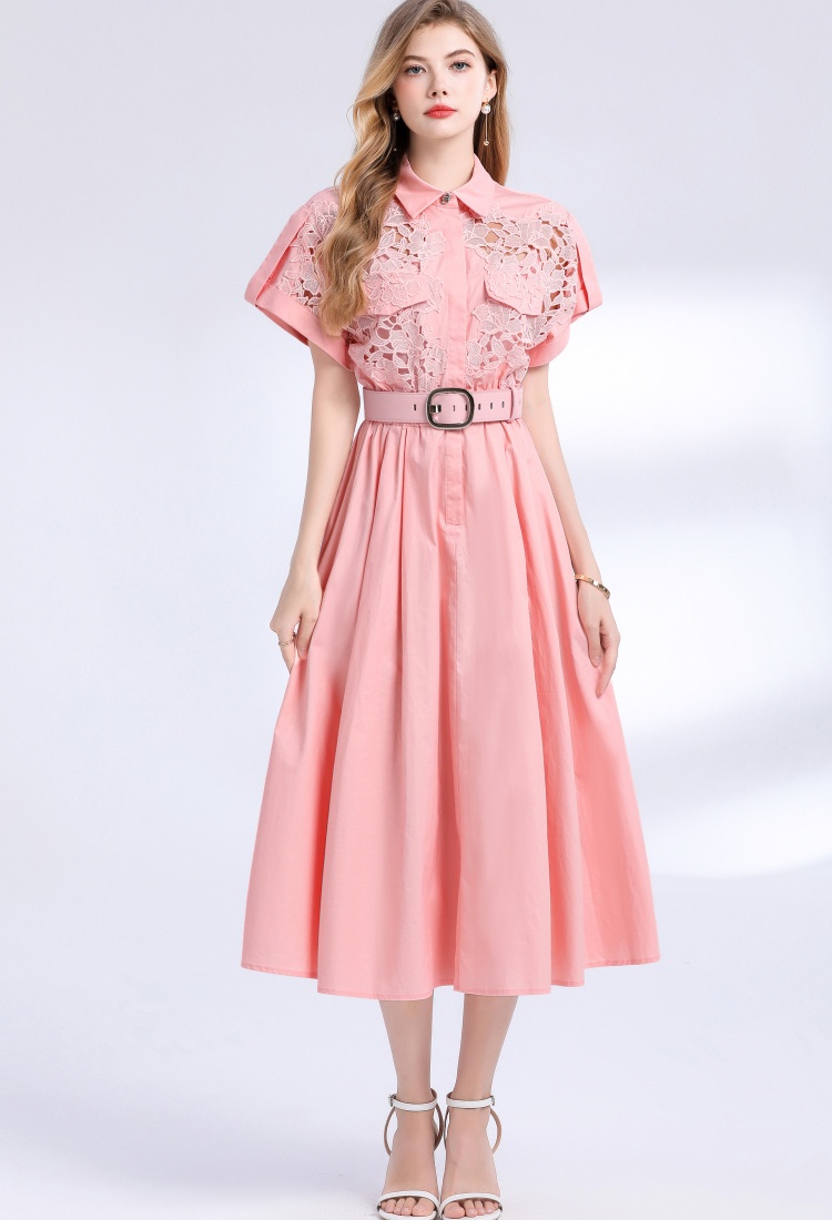 Pinched waist big skirt shirt lace dress for women