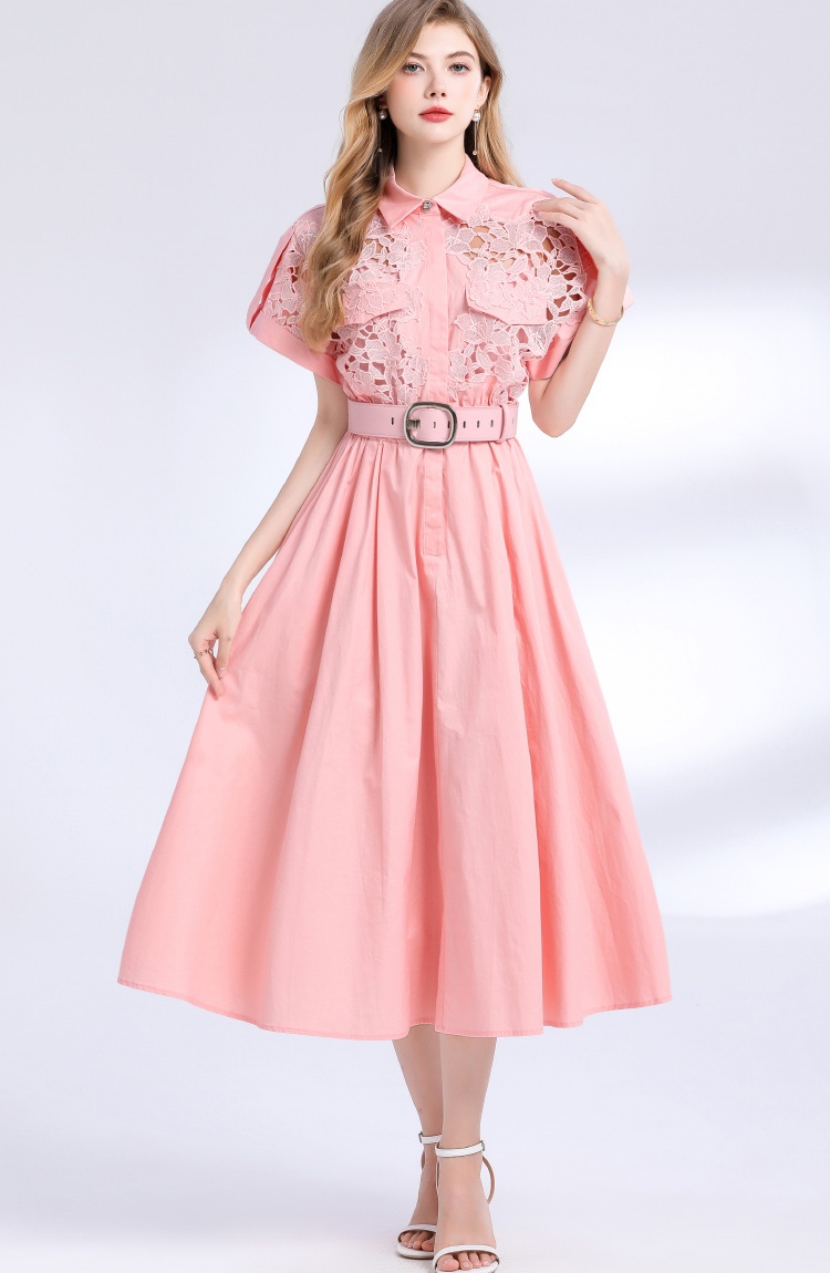Pinched waist big skirt shirt lace dress for women