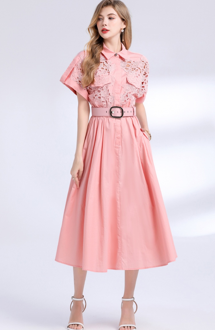 Pinched waist big skirt shirt lace dress for women