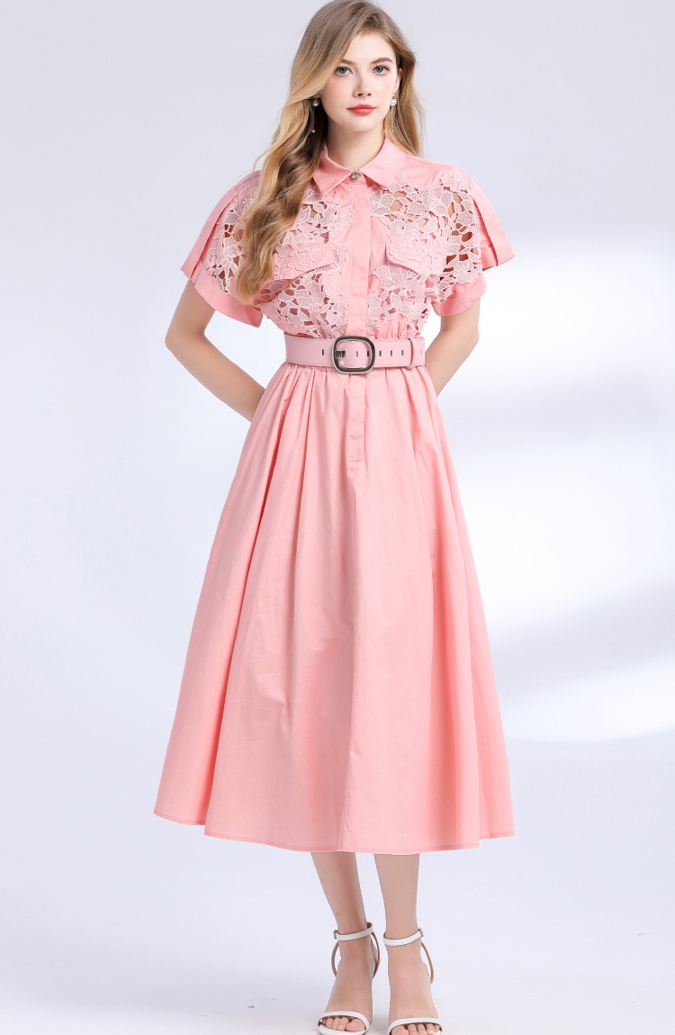 Pinched waist big skirt shirt lace dress for women