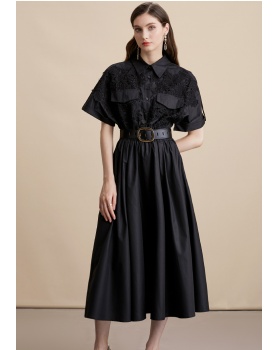 Hepburn style lace shirt big skirt dress for women