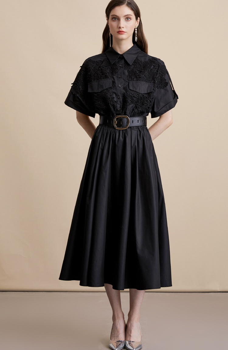 Hepburn style lace shirt big skirt dress for women