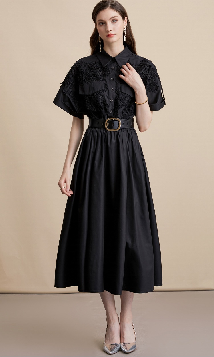 Hepburn style lace shirt big skirt dress for women