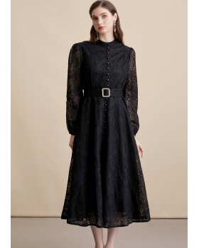 Cstand collar lace embroidery with belt dress