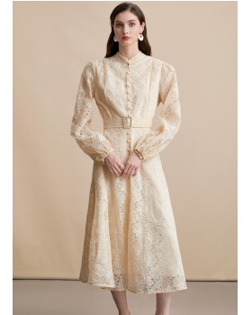 Cstand collar embroidery lace pinched waist dress