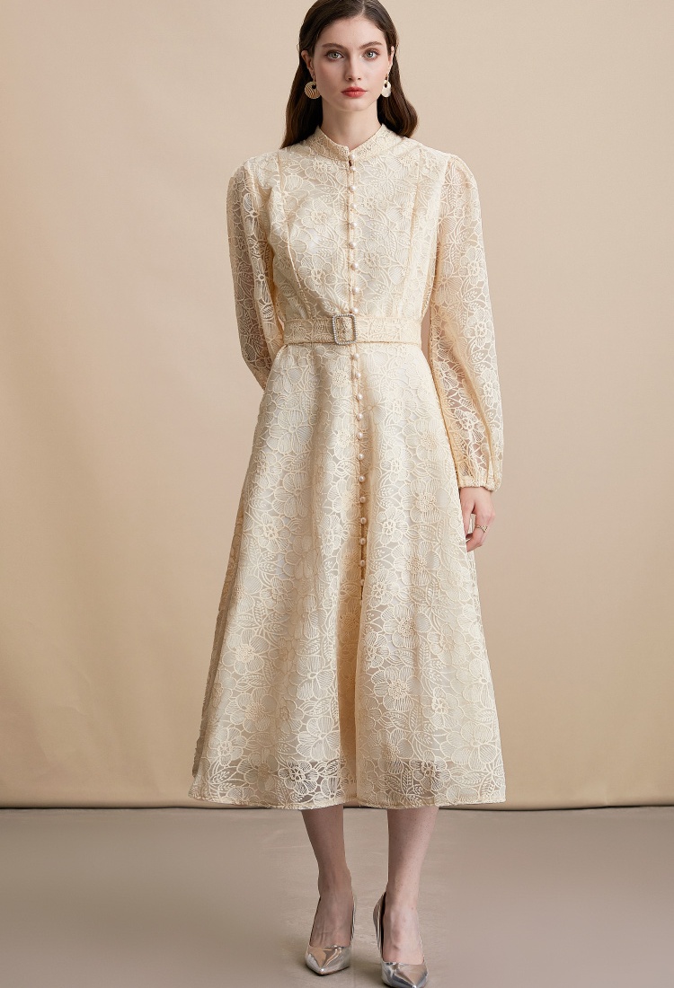 Cstand collar embroidery lace pinched waist dress