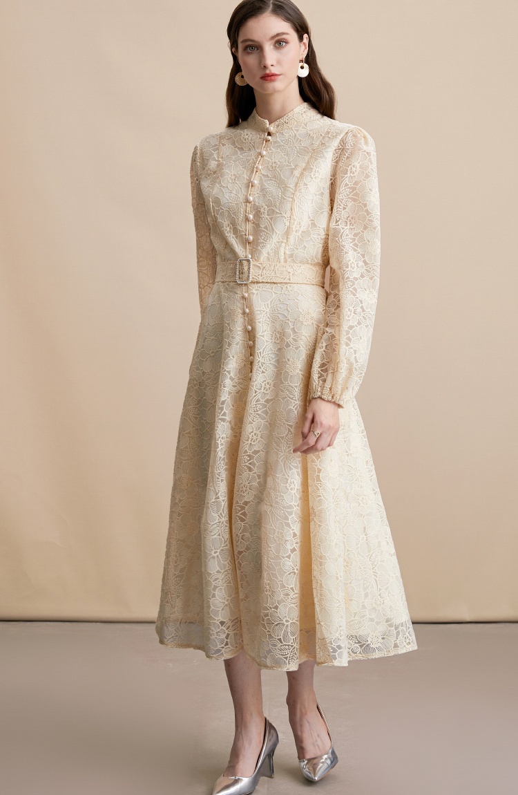 Cstand collar embroidery lace pinched waist dress