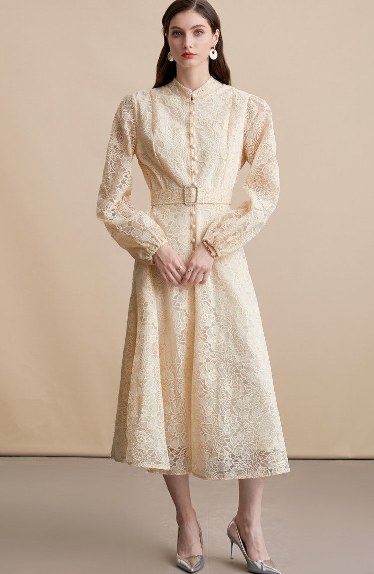 Cstand collar embroidery lace pinched waist dress
