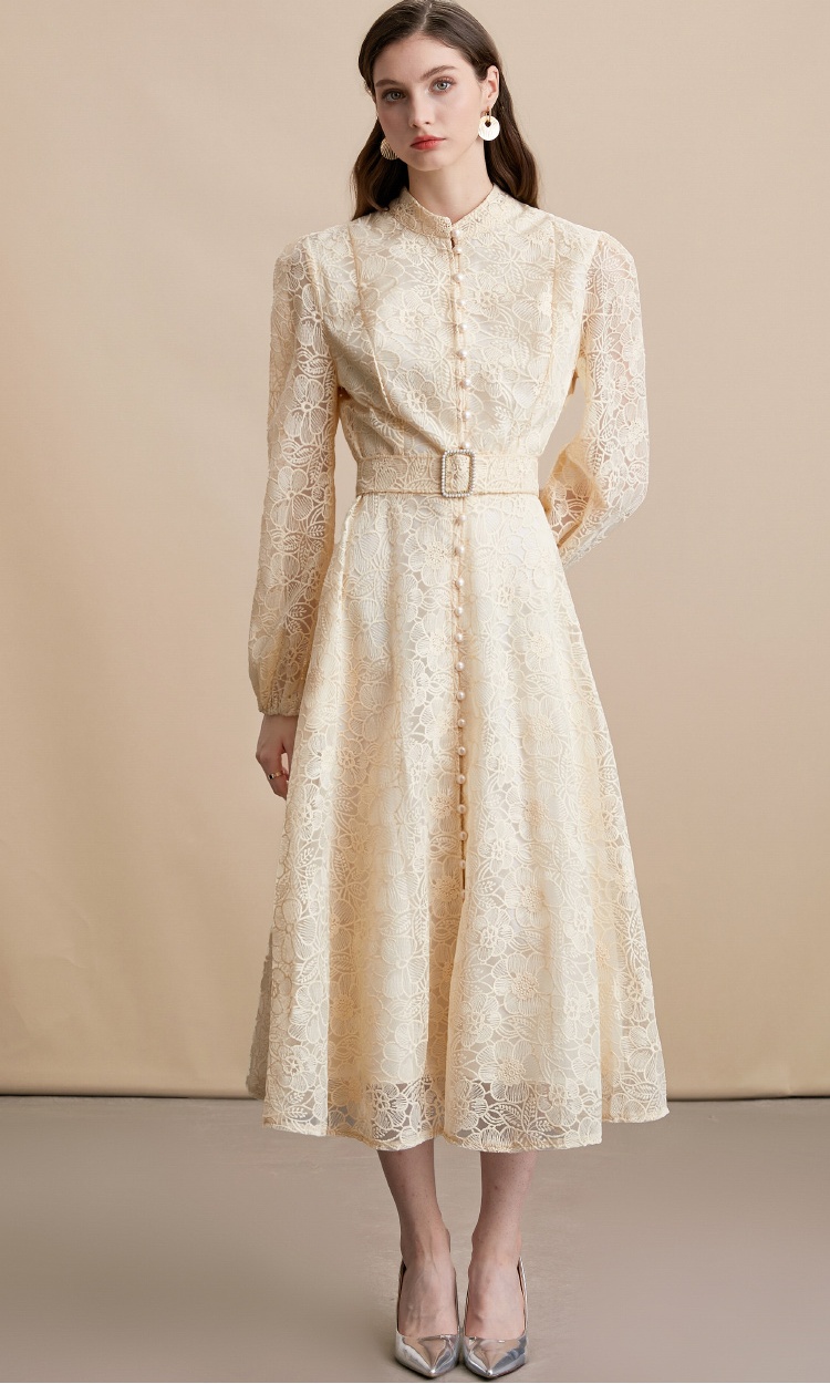 Cstand collar embroidery lace pinched waist dress