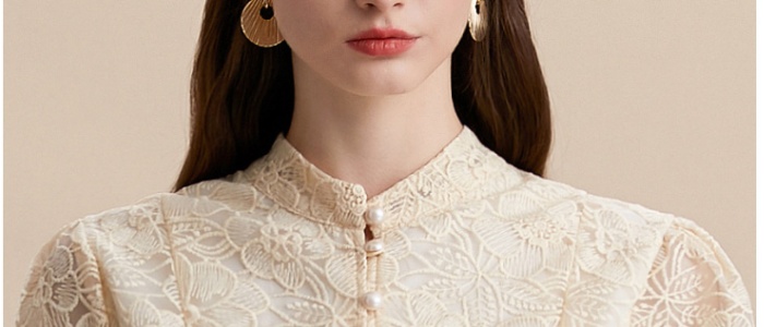 Cstand collar embroidery lace pinched waist dress