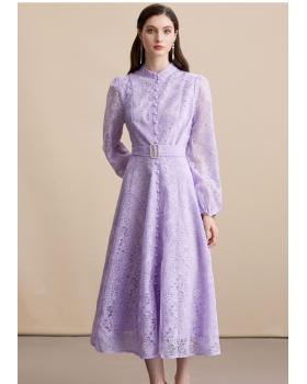 Embroidery pinched waist lace single-breasted dress