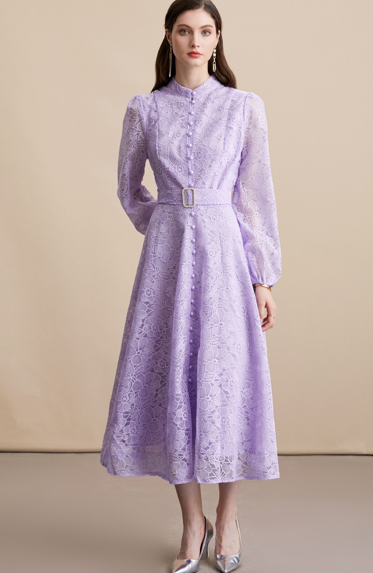 Embroidery pinched waist lace single-breasted dress