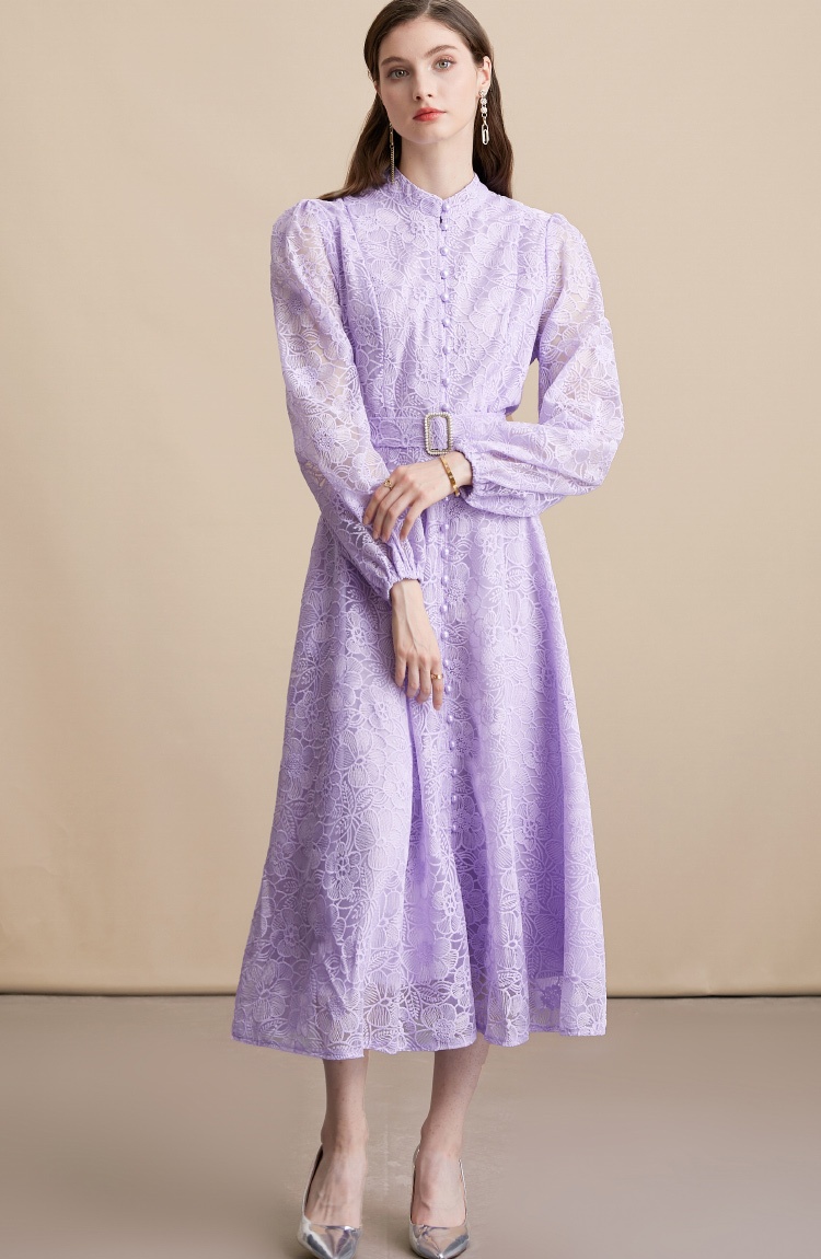 Embroidery pinched waist lace single-breasted dress