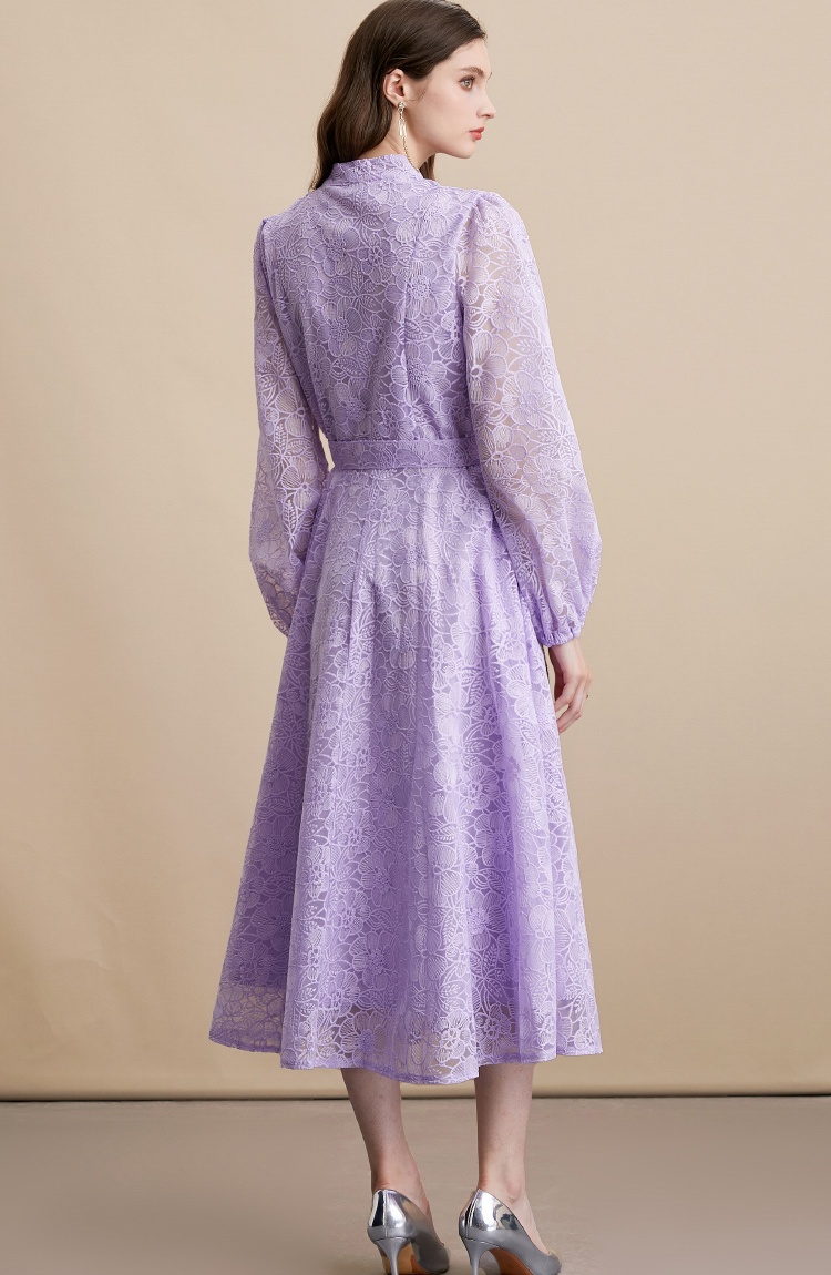 Embroidery pinched waist lace single-breasted dress