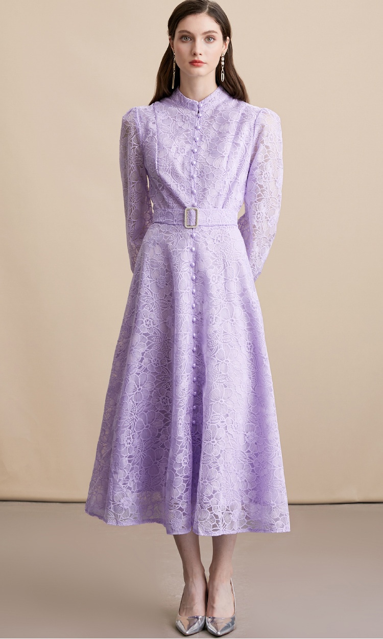 Embroidery pinched waist lace single-breasted dress