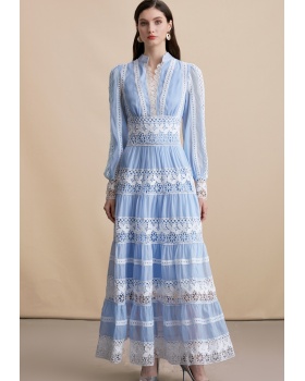 Lace long sleeve big skirt hollow embroidery dress