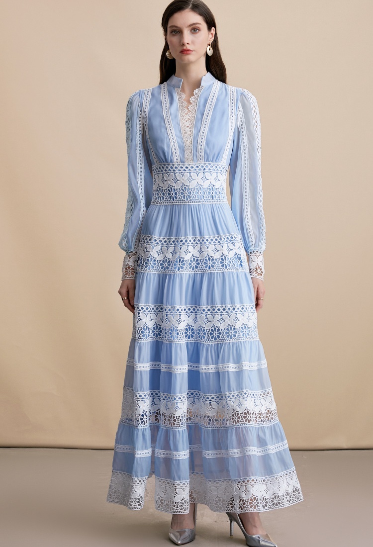 Lace long sleeve big skirt hollow embroidery dress