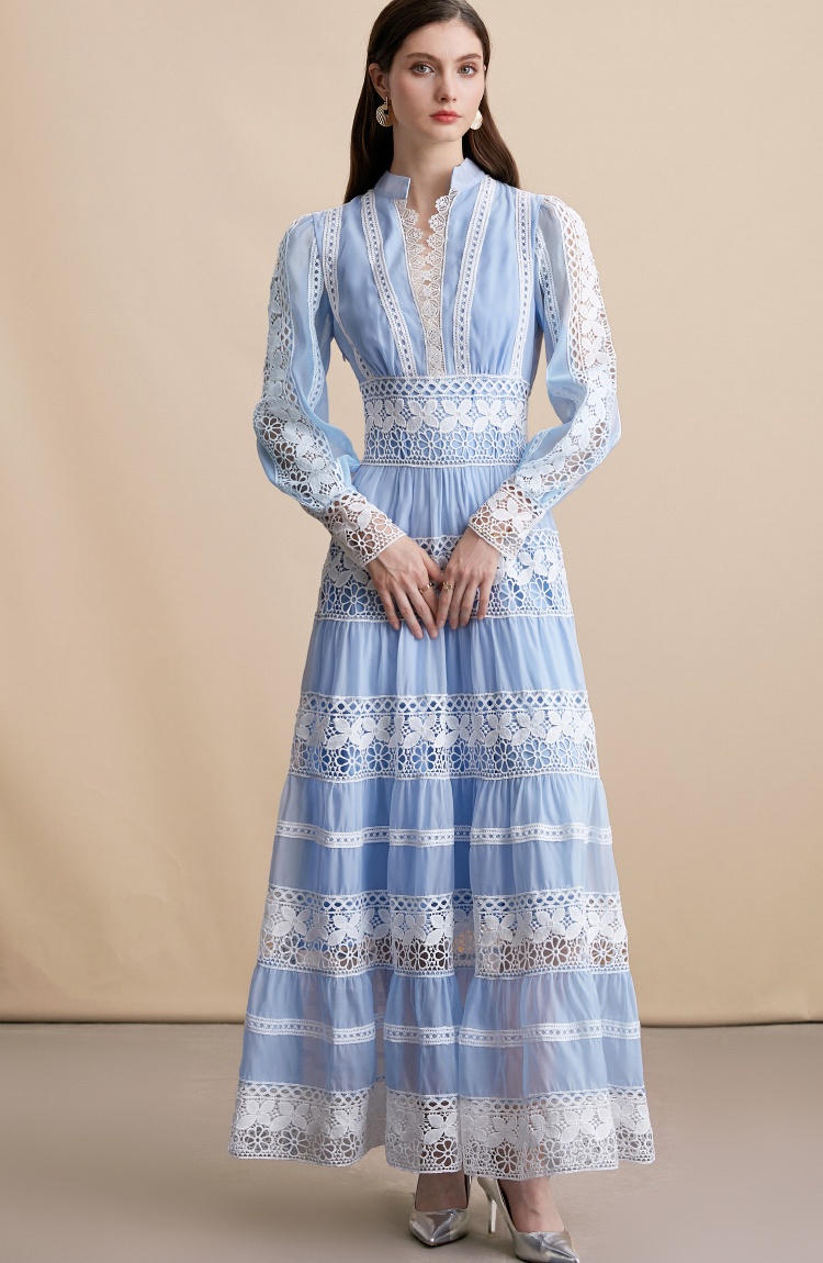 Lace long sleeve big skirt hollow embroidery dress