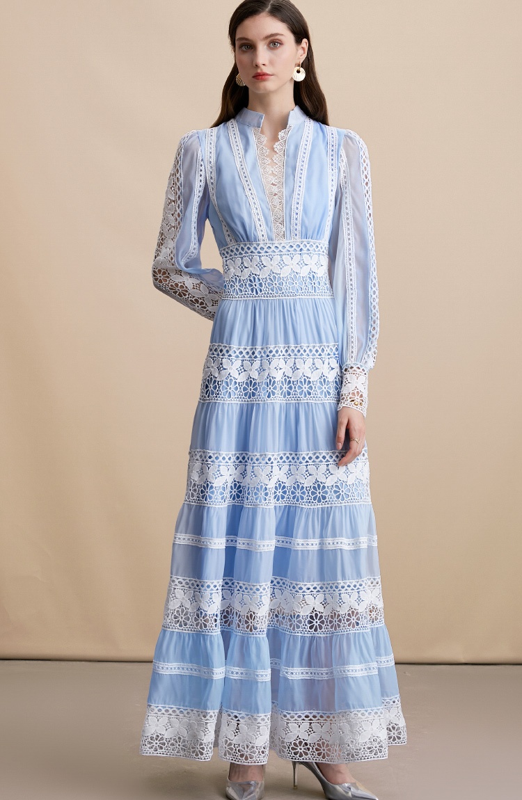 Lace long sleeve big skirt hollow embroidery dress