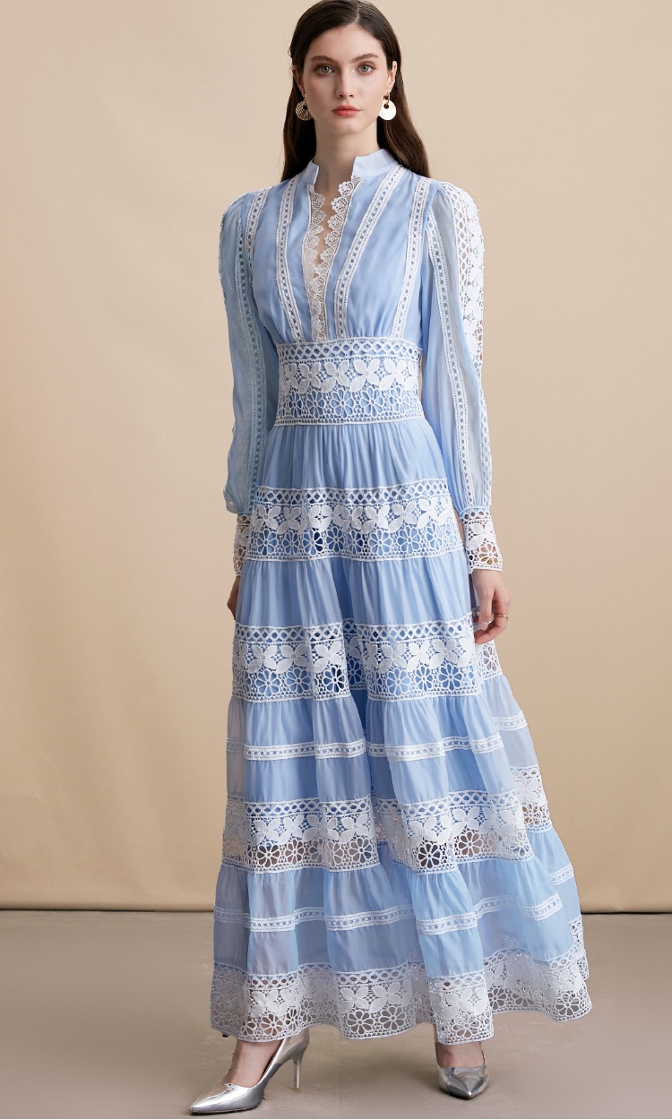 Lace long sleeve big skirt hollow embroidery dress