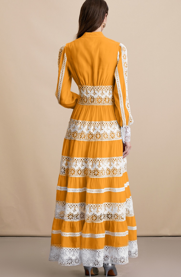 France style big skirt retro V-neck lace hollow dress